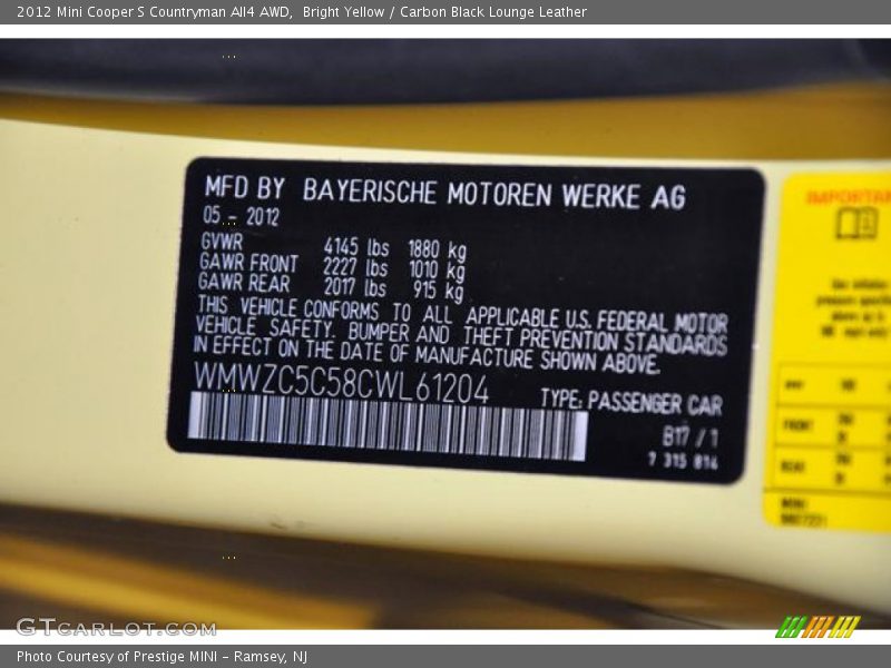 Bright Yellow / Carbon Black Lounge Leather 2012 Mini Cooper S Countryman All4 AWD