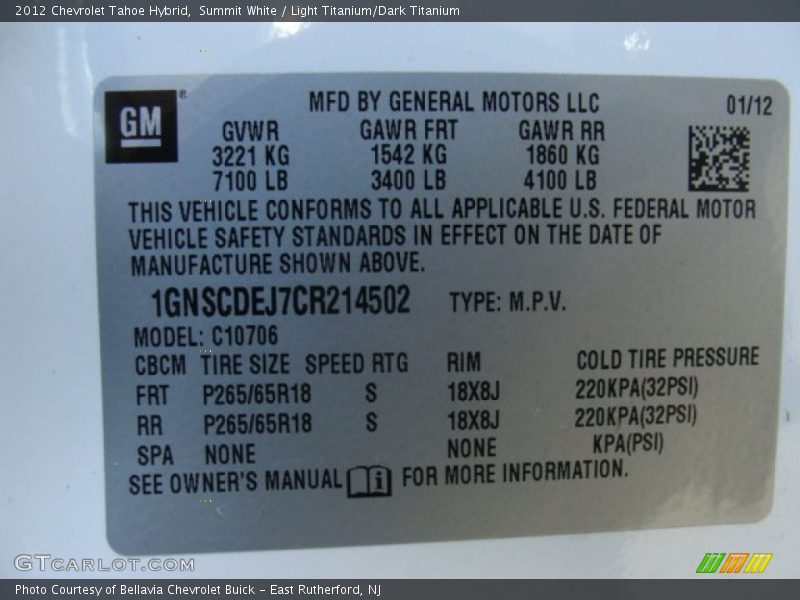 Info Tag of 2012 Tahoe Hybrid