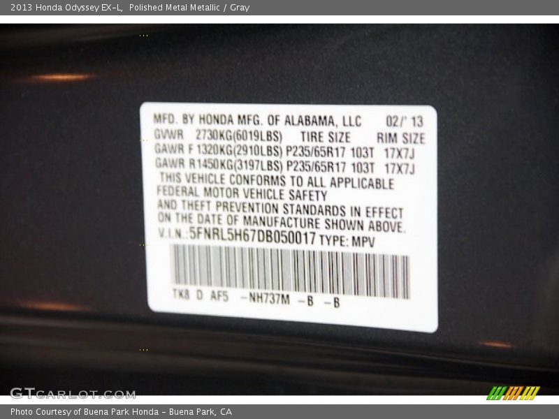 Polished Metal Metallic / Gray 2013 Honda Odyssey EX-L