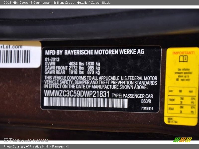 Brilliant Copper Metallic / Carbon Black 2013 Mini Cooper S Countryman