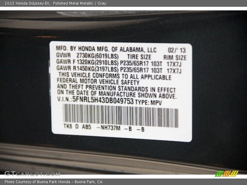 Polished Metal Metallic / Gray 2013 Honda Odyssey EX