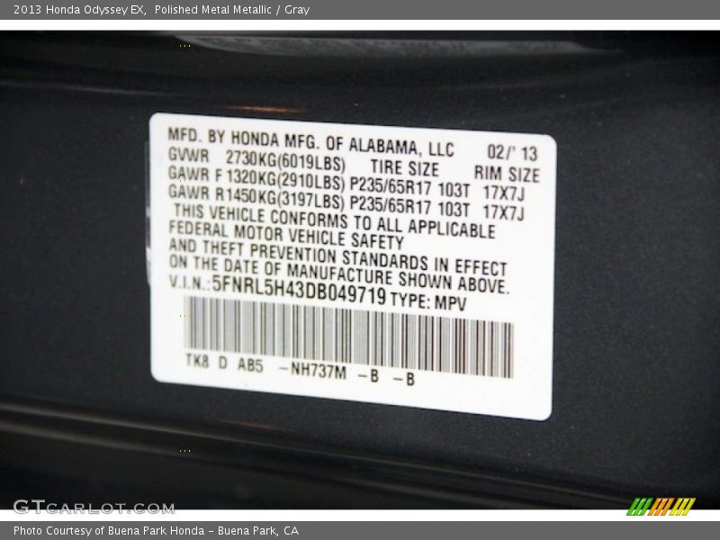 Polished Metal Metallic / Gray 2013 Honda Odyssey EX