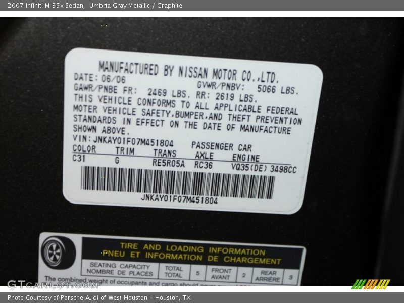 Umbria Gray Metallic / Graphite 2007 Infiniti M 35x Sedan