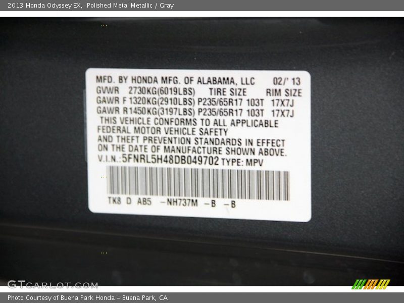 Polished Metal Metallic / Gray 2013 Honda Odyssey EX