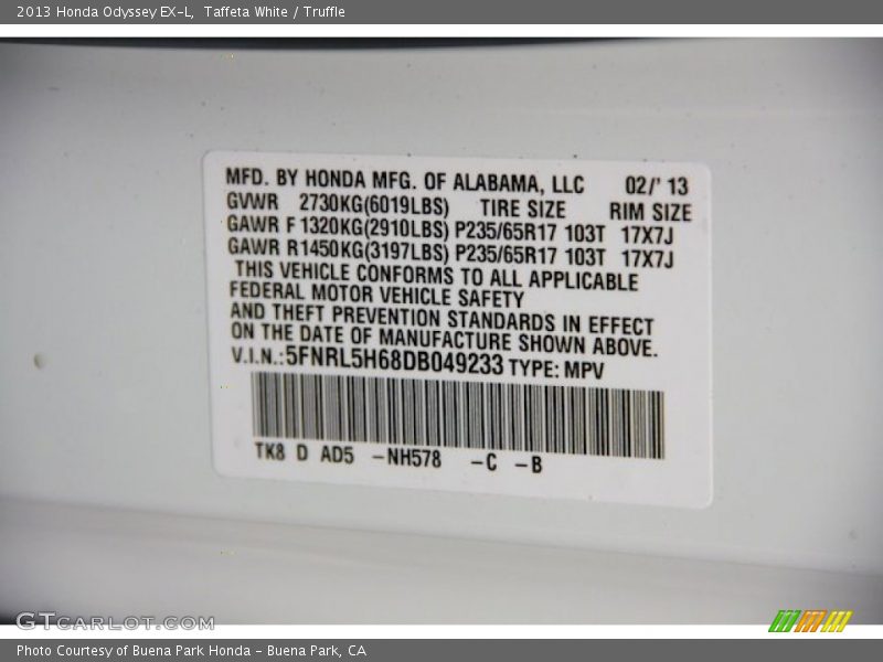 Taffeta White / Truffle 2013 Honda Odyssey EX-L