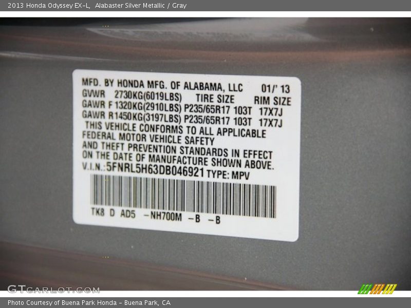 Alabaster Silver Metallic / Gray 2013 Honda Odyssey EX-L