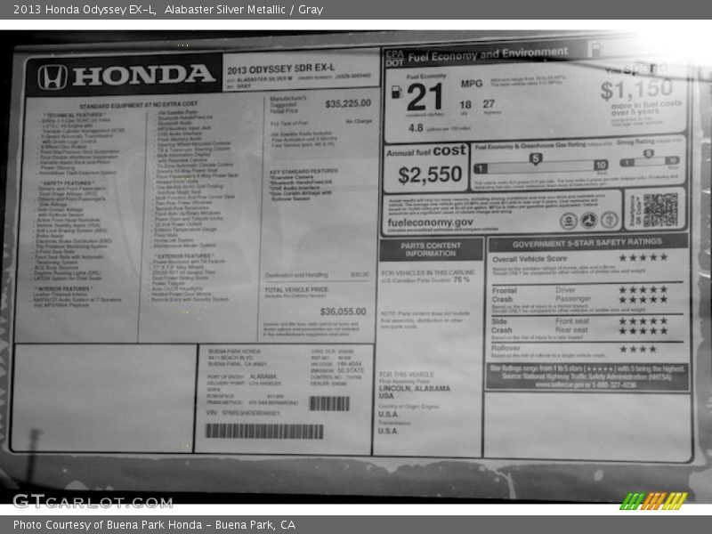 Alabaster Silver Metallic / Gray 2013 Honda Odyssey EX-L