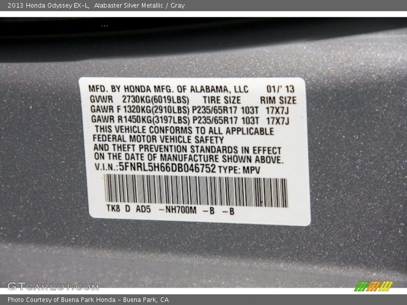Alabaster Silver Metallic / Gray 2013 Honda Odyssey EX-L