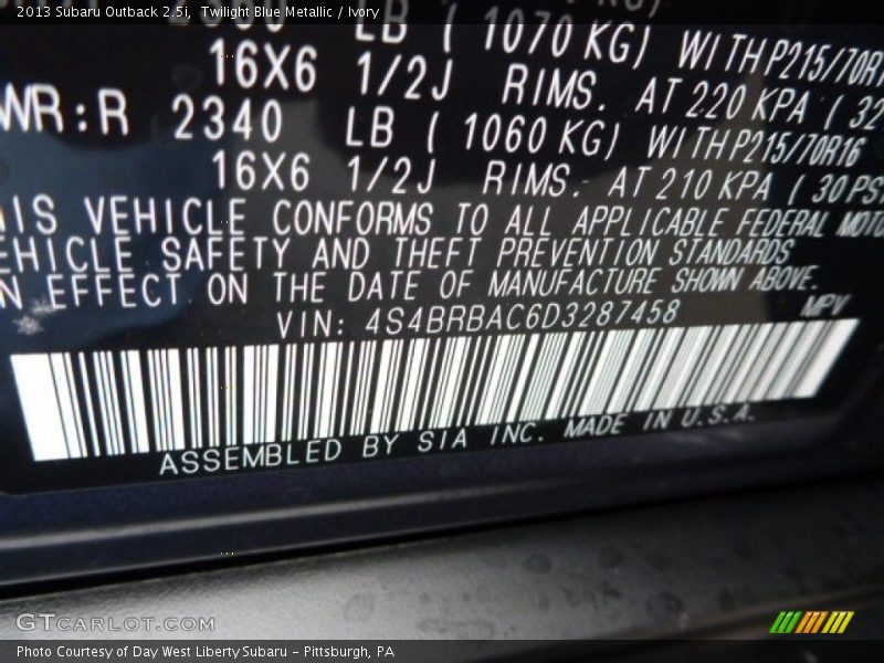 Twilight Blue Metallic / Ivory 2013 Subaru Outback 2.5i