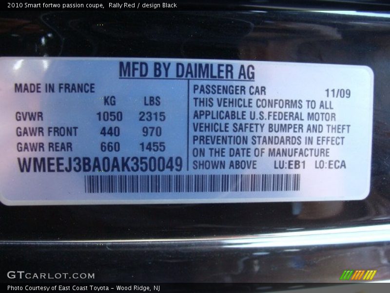 Rally Red / design Black 2010 Smart fortwo passion coupe