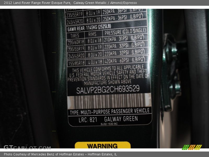 Galway Green Metallic / Almond/Espresso 2012 Land Rover Range Rover Evoque Pure