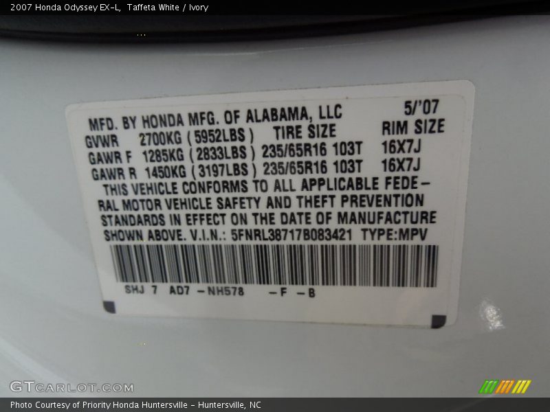 Taffeta White / Ivory 2007 Honda Odyssey EX-L