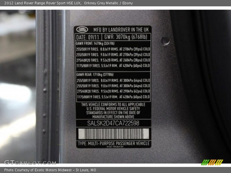 Info Tag of 2012 Range Rover Sport HSE LUX