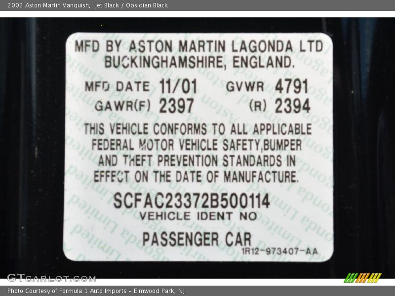 Info Tag of 2002 Vanquish 