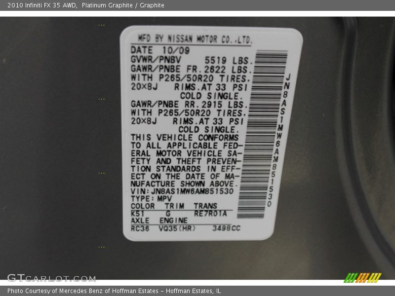 Platinum Graphite / Graphite 2010 Infiniti FX 35 AWD
