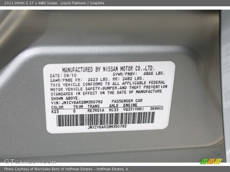 Liquid Platinum / Graphite 2011 Infiniti G 37 x AWD Sedan
