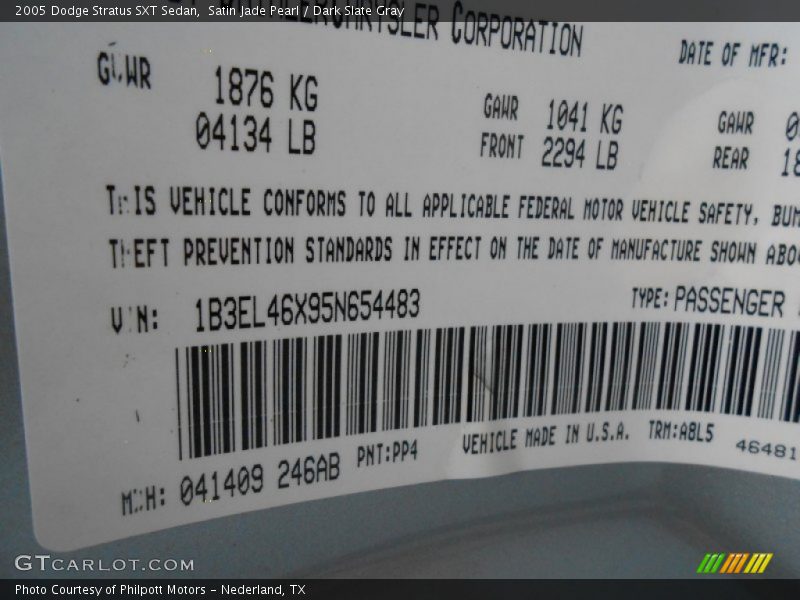 2005 Stratus SXT Sedan Satin Jade Pearl Color Code PP4