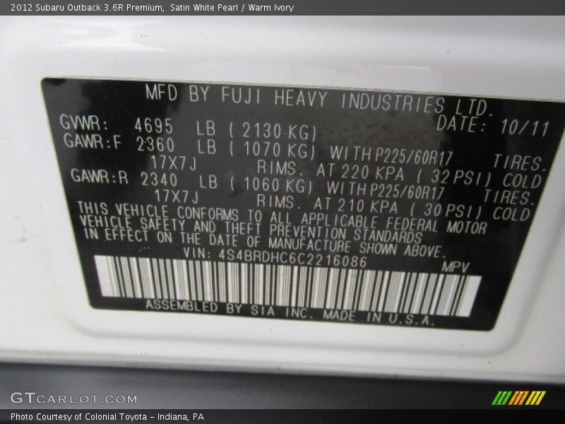 Satin White Pearl / Warm Ivory 2012 Subaru Outback 3.6R Premium