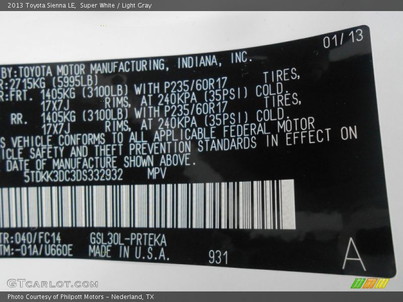 2013 Sienna LE Super White Color Code 040