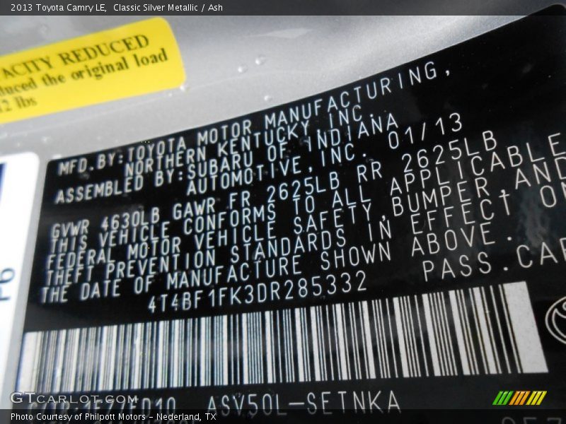 2013 Camry LE Classic Silver Metallic Color Code 1F7
