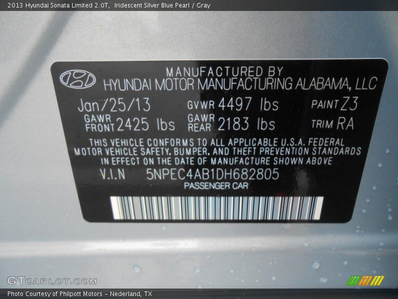 2013 Sonata Limited 2.0T Iridescent Silver Blue Pearl Color Code Z3