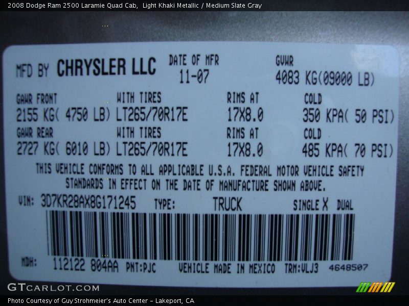 2008 Ram 2500 Laramie Quad Cab Light Khaki Metallic Color Code PJC