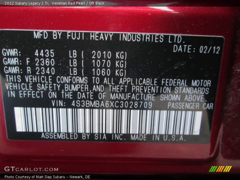 Venetian Red Pearl / Off Black 2012 Subaru Legacy 2.5i