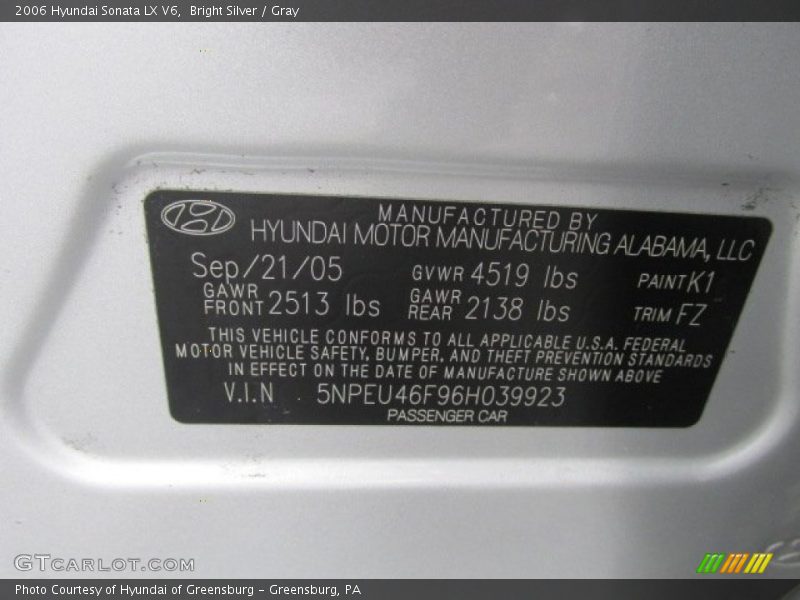 Bright Silver / Gray 2006 Hyundai Sonata LX V6