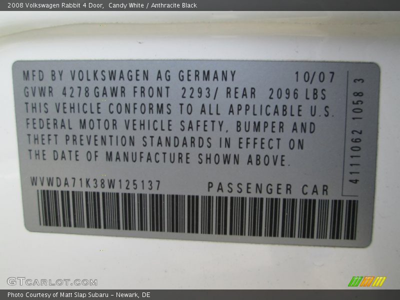Candy White / Anthracite Black 2008 Volkswagen Rabbit 4 Door