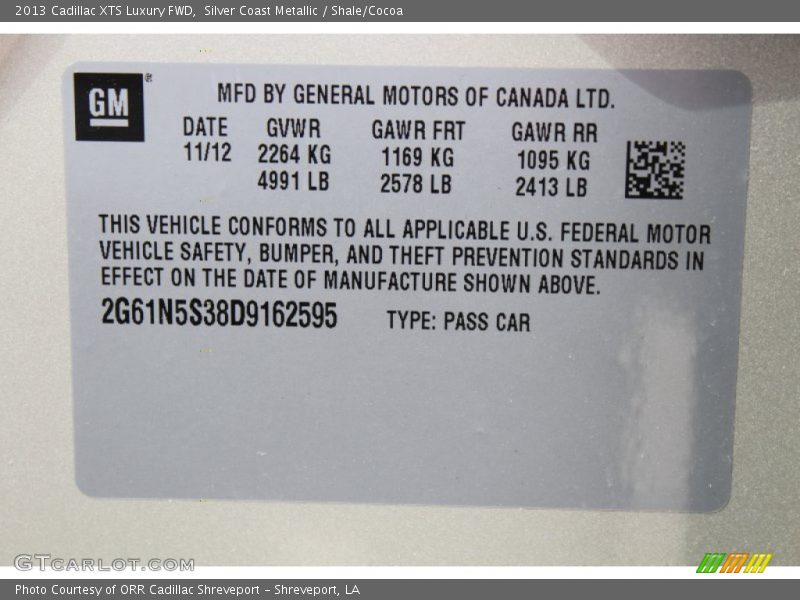 Silver Coast Metallic / Shale/Cocoa 2013 Cadillac XTS Luxury FWD