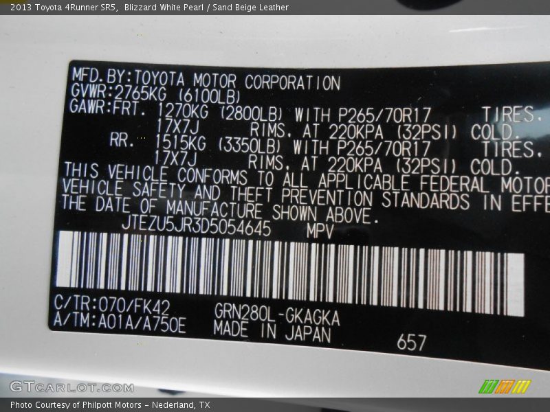 2013 4Runner SR5 Blizzard White Pearl Color Code 070