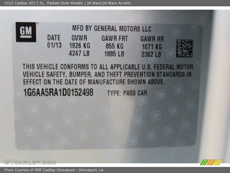 Radiant Silver Metallic / Jet Black/Jet Black Accents 2013 Cadillac ATS 2.5L