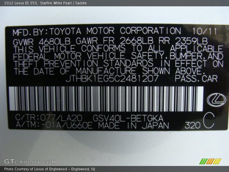 2012 ES 350 Starfire White Pearl Color Code 077