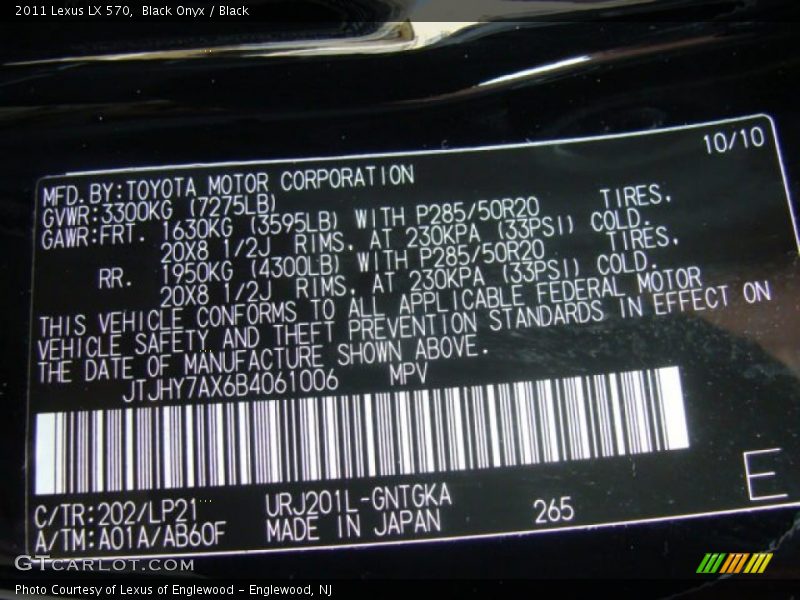 Black Onyx / Black 2011 Lexus LX 570