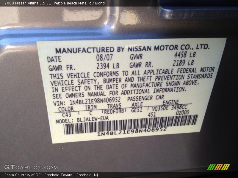 Pebble Beach Metallic / Blond 2008 Nissan Altima 3.5 SL