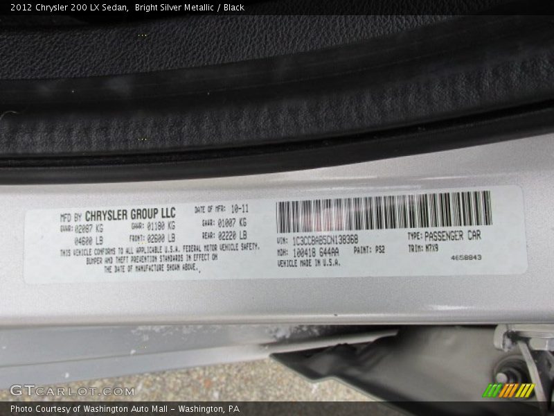 Bright Silver Metallic / Black 2012 Chrysler 200 LX Sedan