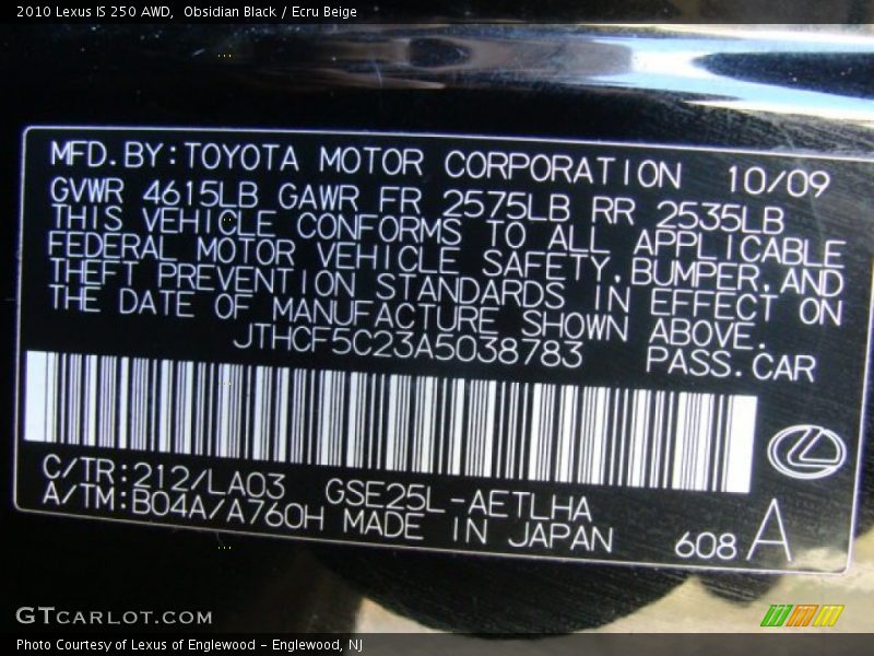 Obsidian Black / Ecru Beige 2010 Lexus IS 250 AWD