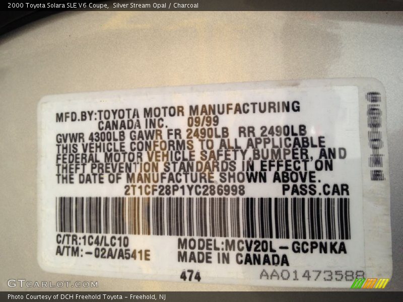 Silver Stream Opal / Charcoal 2000 Toyota Solara SLE V6 Coupe