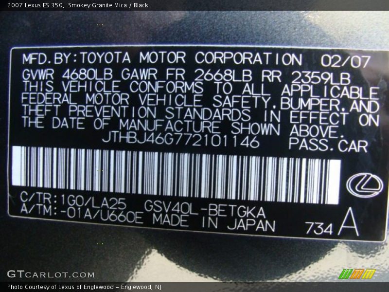 Smokey Granite Mica / Black 2007 Lexus ES 350