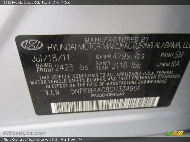 Radiant Silver / Gray 2012 Hyundai Sonata GLS