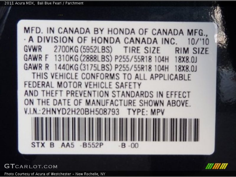 2011 MDX  Bali Blue Pearl Color Code B552P