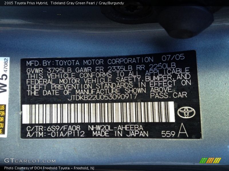 2005 Prius Hybrid Tideland Gray Green Pearl Color Code 6S9