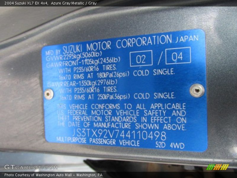 Azure Gray Metallic / Gray 2004 Suzuki XL7 EX 4x4
