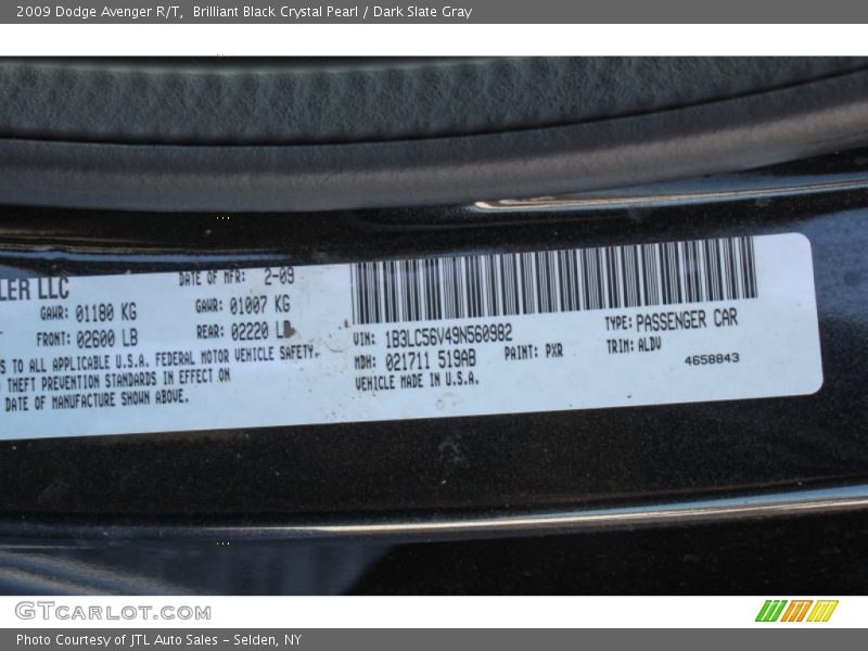 2009 Avenger R/T Brilliant Black Crystal Pearl Color Code PXR