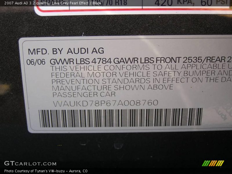 Lava Grey Pearl Effect / Black 2007 Audi A3 3.2 quattro