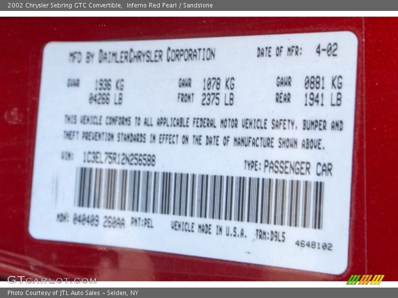 2002 Sebring GTC Convertible Inferno Red Pearl Color Code PEL