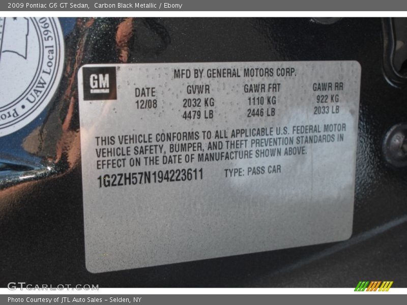 Carbon Black Metallic / Ebony 2009 Pontiac G6 GT Sedan
