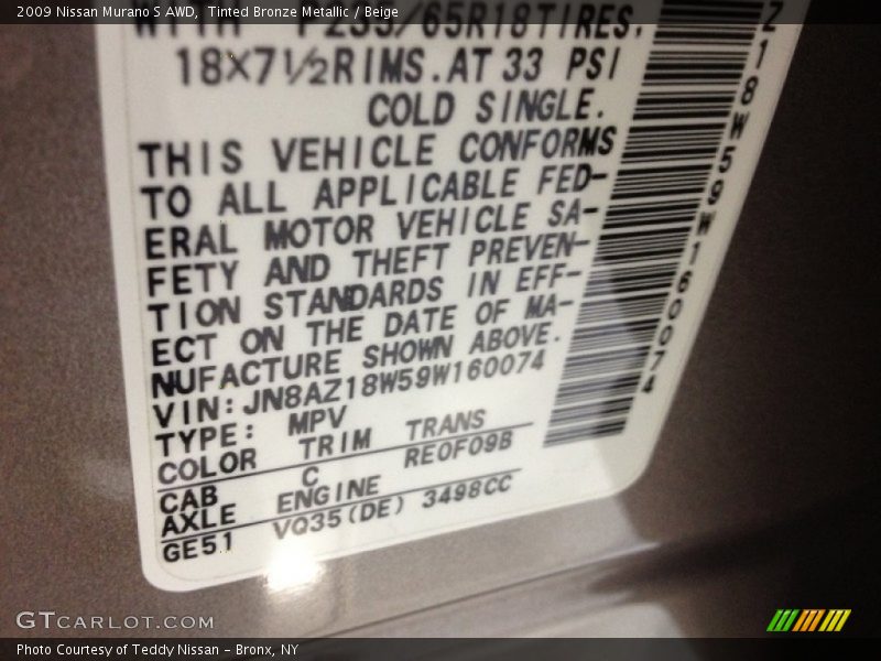 Tinted Bronze Metallic / Beige 2009 Nissan Murano S AWD