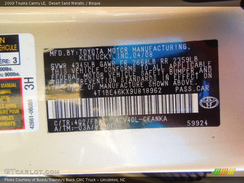 2009 Camry LE Desert Sand Metallic Color Code 4Q2