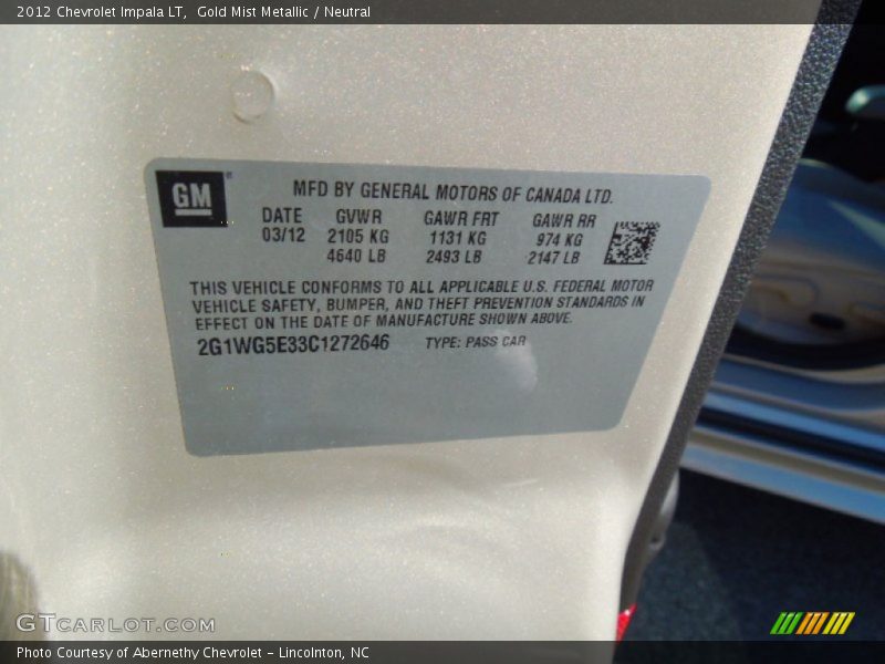 Gold Mist Metallic / Neutral 2012 Chevrolet Impala LT